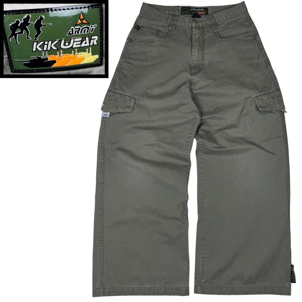 Vintage 90s‎ Army Kikwear Pants 31 Baggy Wide Leg Green Skater Y2K Retro Cargo